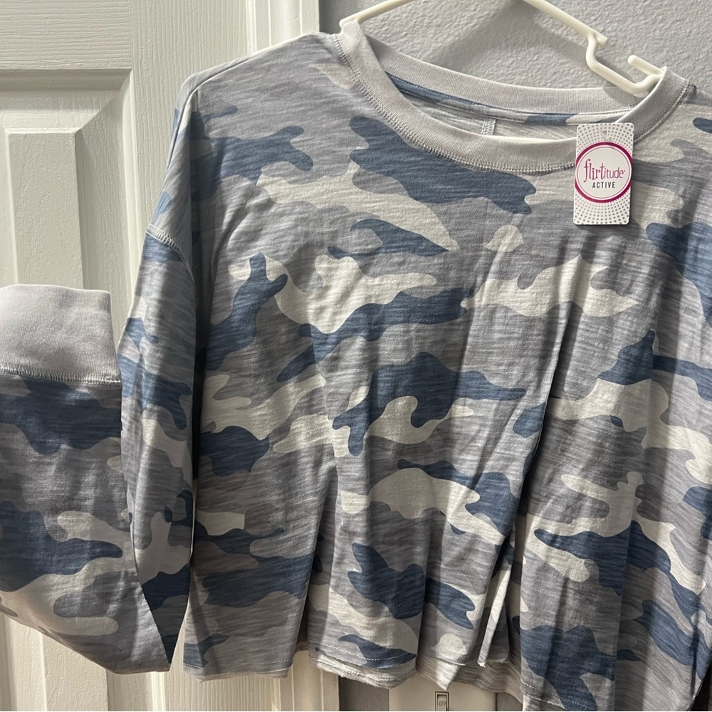 Flirtitude Blue and Gray Long Sleeve Camo Tee